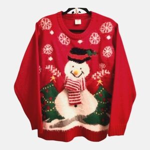 Holiday Festive Christmas Snowman Sweater with Fuzzy Red & White Scarf  Size S